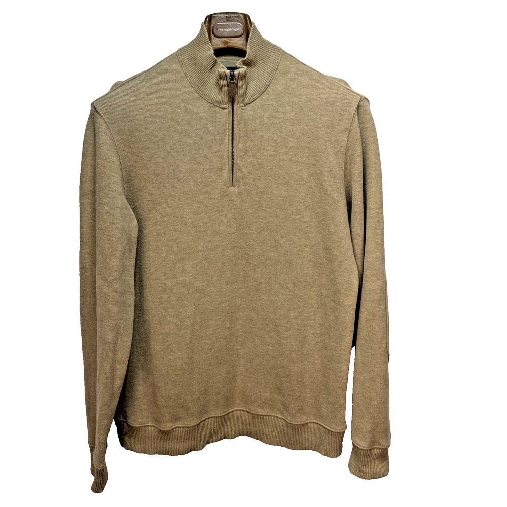 Lands End Mens Quarter Zip Pullover Sweater Size M Camel Tan Cotton Elbow Patch - Picture 1 of 6